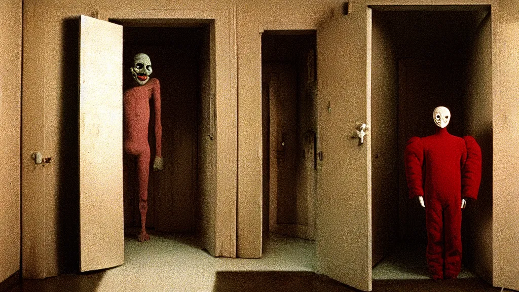 Prompt: an abnormal monster watches us from the closet, film still from the movie directed by Wes Anderson with art direction by Zdzisław Beksiński, wide lens