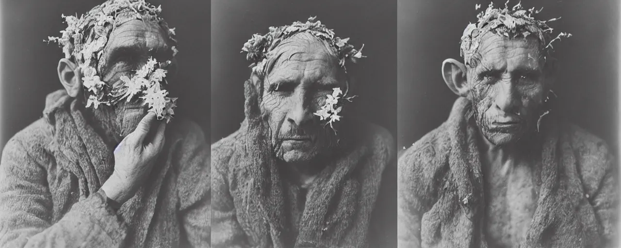Image similar to 1920s portrait photography of an alpine old farmer transforming into a monster, edelweiss growing out of his face, goat horns on his head