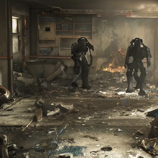 Prompt: movie still from the live action fallout 4 movie, rendering of a riot in a fallout shelter, uhd, 8k, cinematic,