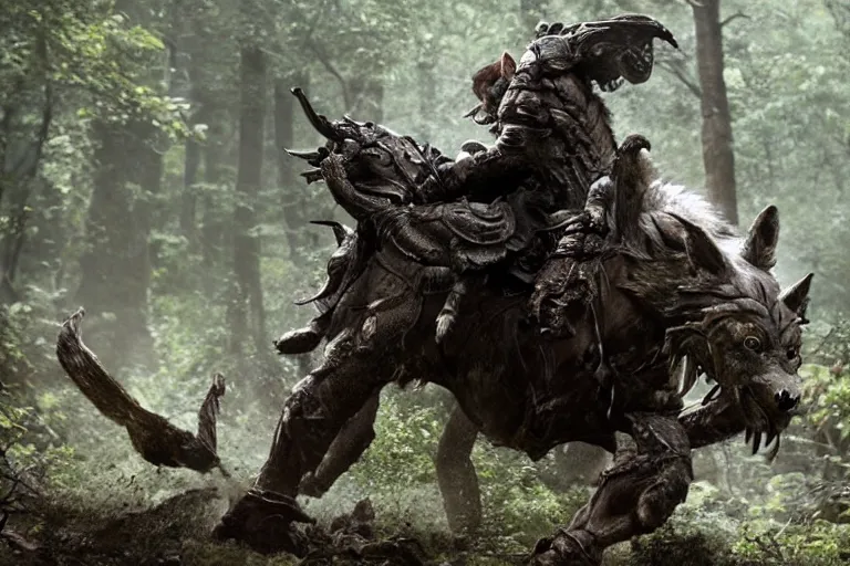 Image similar to vfx movie closeup detailed ancient armored warrior orc hunting riding large wolf in the forest, natural lighting by emmanuel lubezki