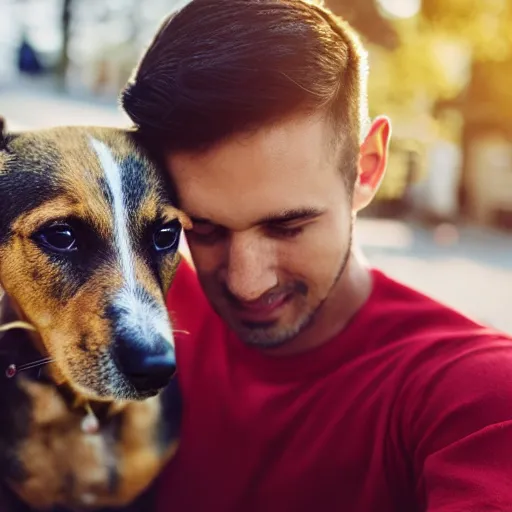 Prompt: [ selfie ]!!! of a man [ caressing a dog ]!!, trending on unsplash, 4 k photorealism, intricately detailed