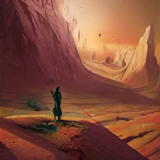 Image similar to A fresco painting of a nomadic wanderer traversing a corrupted futuristic crystal desert by Jacek Yurka, Kelly Freas, Filip Hodas, Paul Lehr, Dan Mumford, Max Ernst, Roger Dean, Caspar David Friedrich