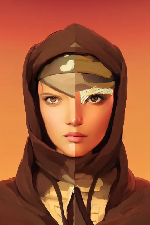 Image similar to desert soldier, smooth face, centered, solid bacgkround, median photoshop filter cutout vector behance, hd by artgerm, jesper ejsing, by rhads, makoto shinkai and lois van baarle, ilya kuvshinov, rossdraws, illustration, art by ilya kuvshinov and gustav klimt