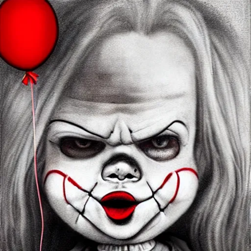 Image similar to grunge cartoon portrait sketch of chucky with a wide smile and a red balloon by - michal karcz, loony toons style, pennywise style, mona lisa style, horror theme, detailed, elegant, intricate