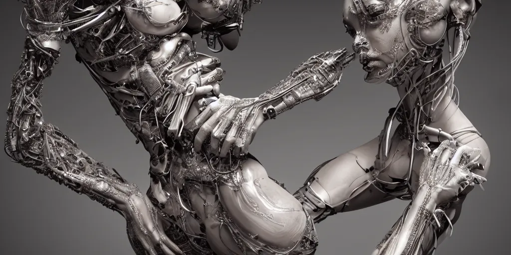 Prompt: hyper realistic photography of a stunningly beautiful cyborg female, plated arm, intimate, hips, holding close, ribbons, in the style of beth cavener, jin kagetsu,, and wlop, highly detailed, intricate filigree, symmetry, masterpiece, award winning, sharp focus, concept art, highkey lighting, ambient lighting, octane render, 8 k, artstation