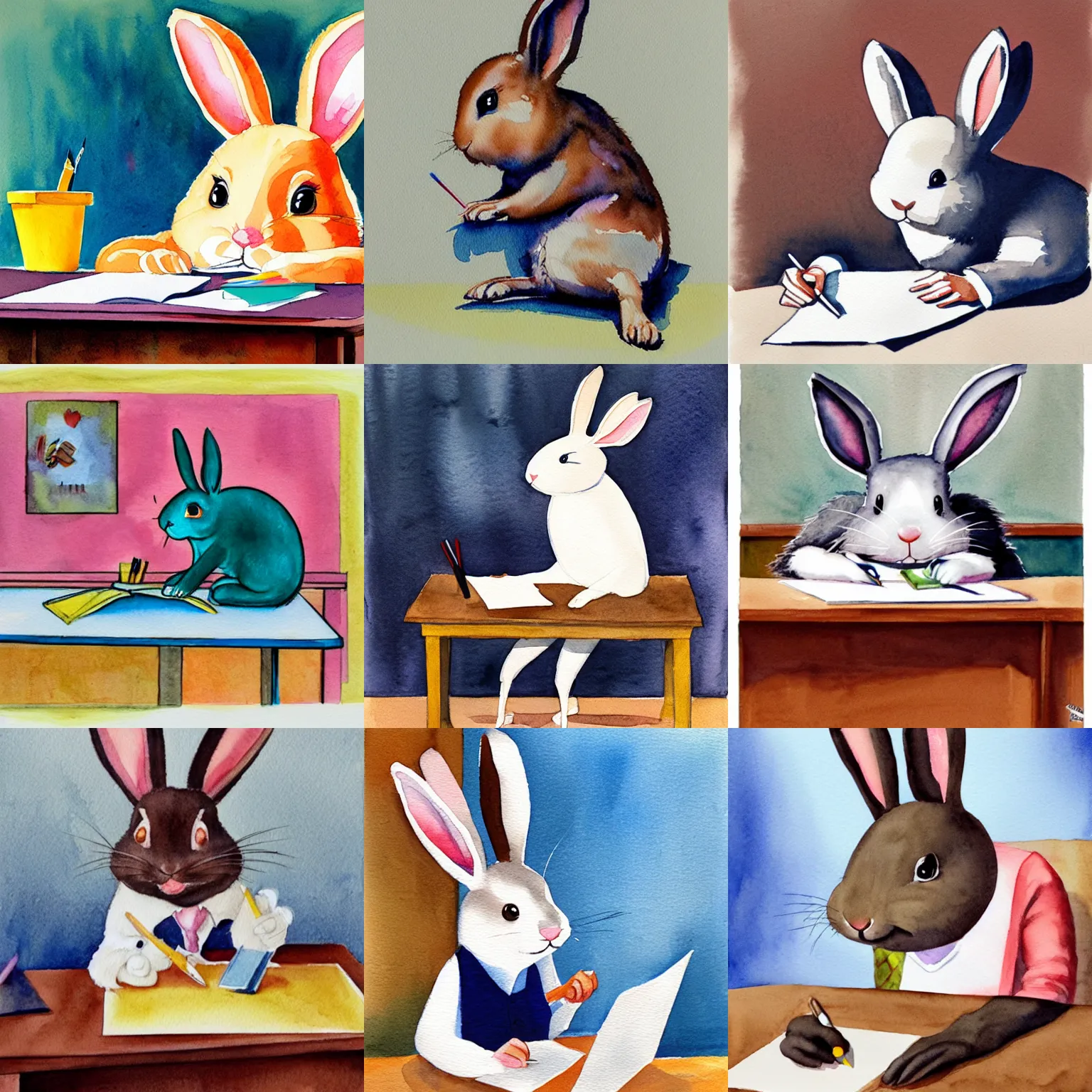 Prompt: a watercolor painting of a cute happy cartoon rabbit sitting at a desk writing on a paper, Alex Ross