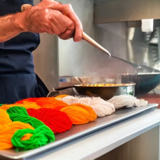 Image similar to italian chef cooking a plate of colorful yarn like spaghetti