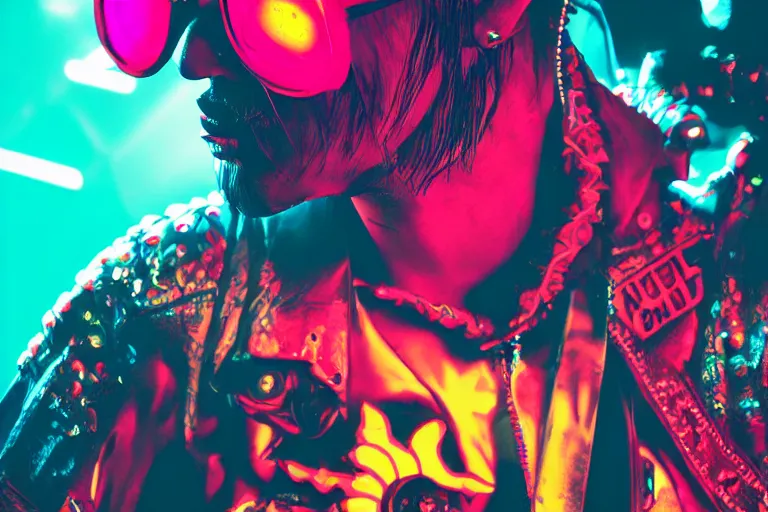 Image similar to pop art of a punk at a japanese metal concert in a cyberpunk world, bright neon colors, intricate details, complementary colors, detailed face, backlighting, octane render, depth of field, extremely detailed, trending in artstation, focus on face, sharp focus, radiant light, beautiful composition