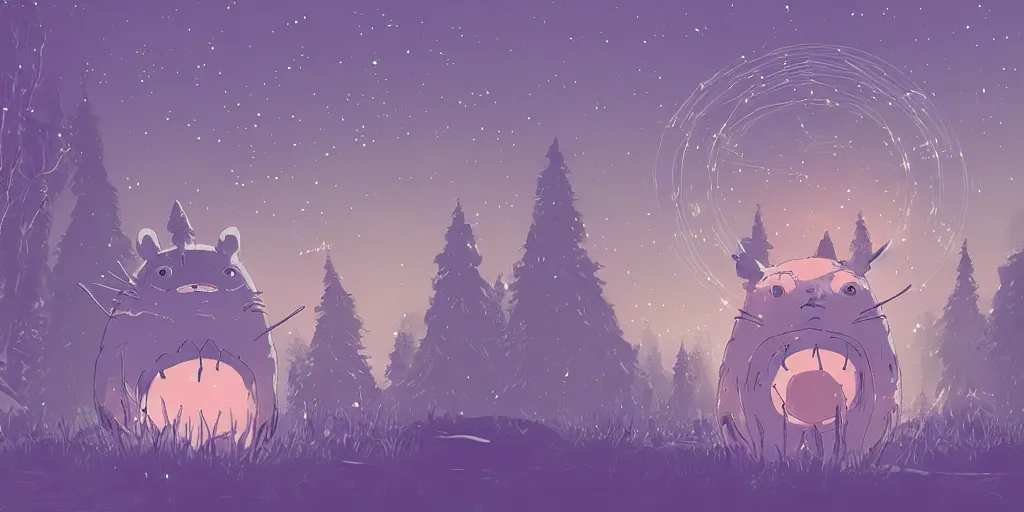 Image similar to glowing wireframe totoro, forest god of princess mononoke, mountain landscape, night sky, digital art, digital painting, celestial, majestic, colorful