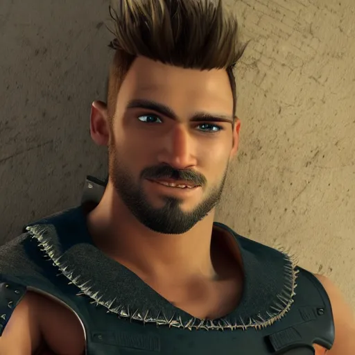 Prompt: attractive strong built irish english man with a chin beard and spiky blonde hair smiling at the camera, unreal engine, character design