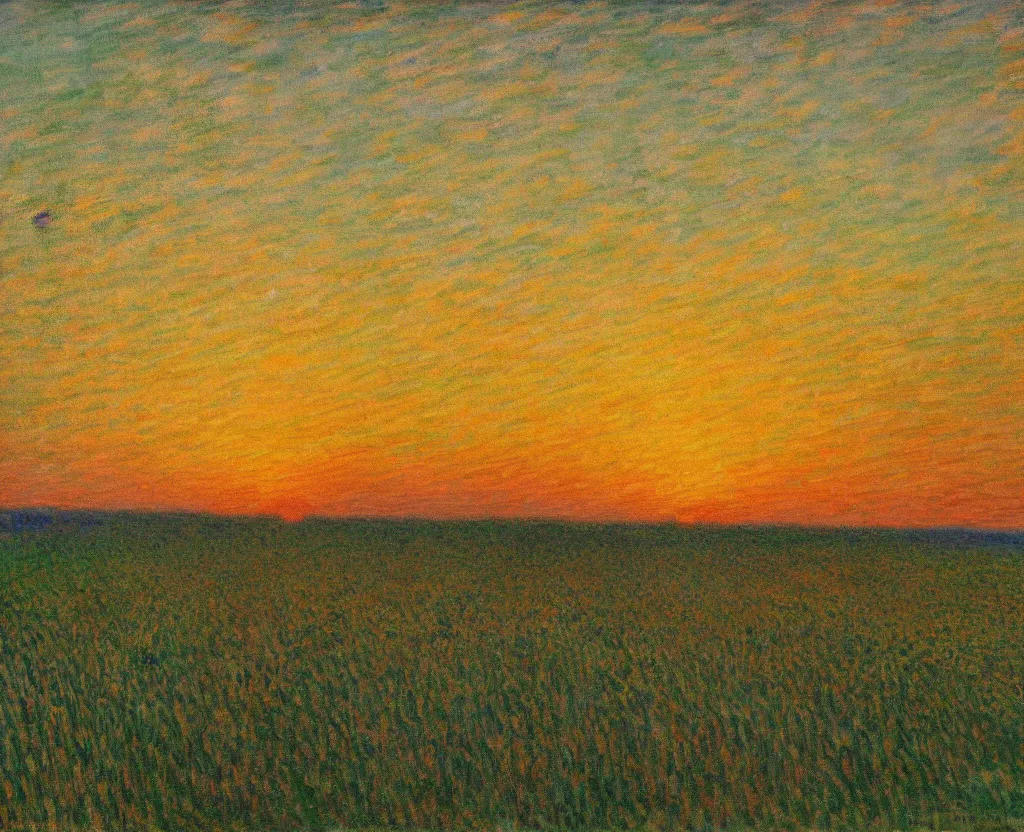 Image similar to an impressionism painting of endless cornfields at sunset, volumetric lighting, godrays, light rays, claude monet