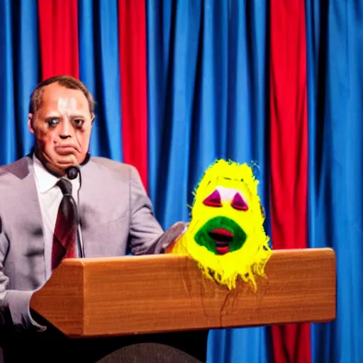 Image similar to string puppet of a president with clown makeup in a podium and a human shadow behind