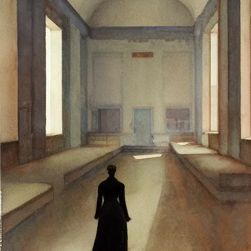 Prompt: a procession of woman in an abandoned soviet temple, watercolor by ivan biblin, by hammershøi, art noveau, highly detailed, lights by edward hopper, liminal, eerie, bright pastel colors