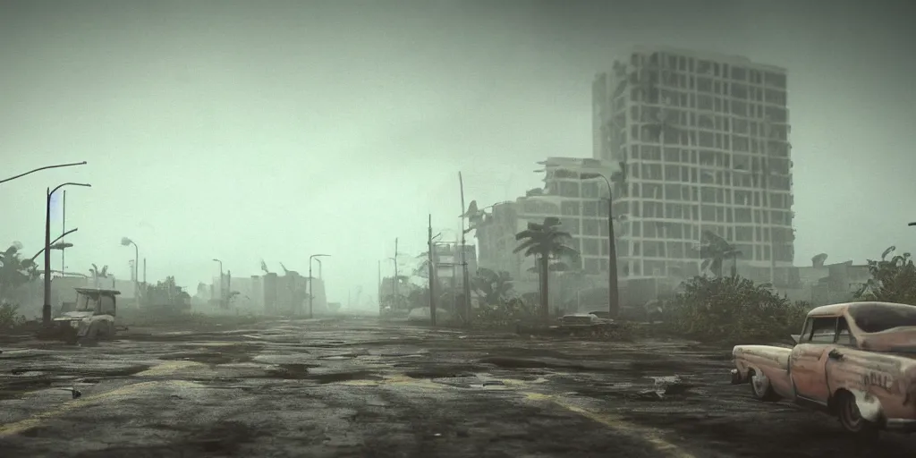 Image similar to wide angle shot of dilapidated fallout 5 tropical coastal city in real life, desolate, dilapidated, empty streets, nightmarish, some rusted retro futuristic fallout vintage style parked cars, overcast, blankets of fog pockets, rain, volumetric lighting, photorealistic, daytime, autumn, sharp focus, ultra detailed, cgsociety