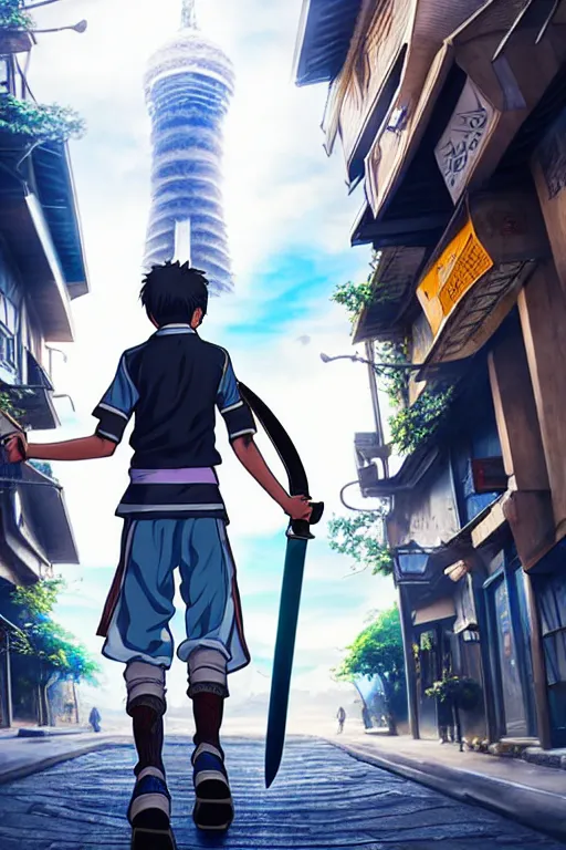 Image similar to ultra detailed keyart of sci - fy movie, a boy carrying a sword in his back is riding a simple bycycle in the main street of isekai shinjuku