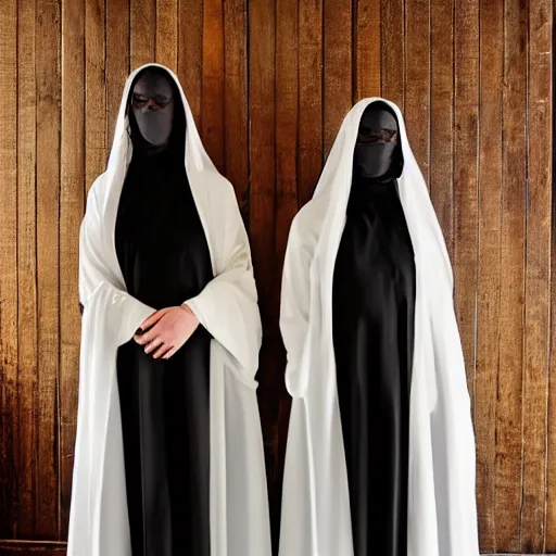 Prompt: award winning photo,two Hovering twin nuns, in a bedroom hovering off the ground, wearing pointed hoods, buxom chested, blindfolded, wearing translucent veils, see through dress, Very long arms, bedroom, wood door, eerie, frightening, highly detailed, photorealistic, colorized —width 1024 —height 1024