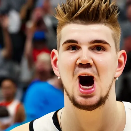 Image similar to 4k very detailed 3D model of Luka Doncic eating a cheeseburger,