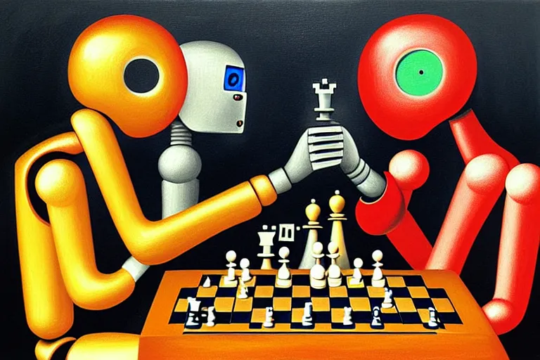 Image similar to portrait of two robots playing chess, highly detailed, painting by otto dix, 8 k