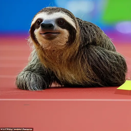 Image similar to a sloth, in a 1 0 0 m race against animals, at the tokyo olympics, with animals in the audience, in painting form