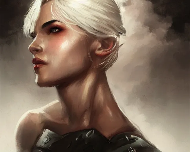 Prompt: portrait of ciri as a beautiful female bodybuilder amazon with plump lips, elegant, fantasy, hd shot, digital portrait, beautiful, artstation, comic style, by artgerm, guy denning, jakub rozalski, magali villeneuve and charlie bowater