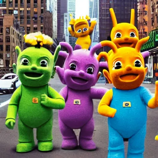 Image similar to teletubbies as bank robbers in new york city, 4k, high detail, high-resolution photograph, professional photography, ultra-detail