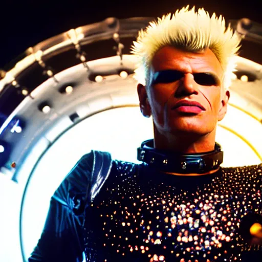 Image similar to uhd candid photo of cosmic billy idol wearing a spacesuit, glowing, global illumination, studio lighting, radiant light, detailed, correct face, elaborate intricate costume. photo by annie leibowitz