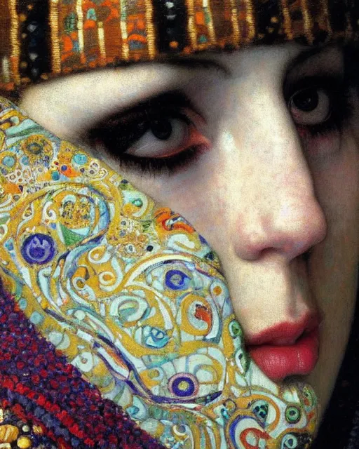 Prompt: a close up of beautiful wearing a balaclava surrounded by colourful intricate patterns, by gustave klimt edgar maxence and caravaggio and michael whelan, intricate painting, hyper realistic, extremely detailed and beautiful aesthetic face, 8 k resolution