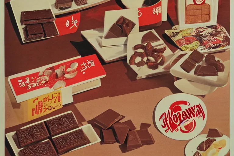 Image similar to chocolate advertisment, still life, 1 9 7 0 s japan shouwa advertisement, print, nostalgic