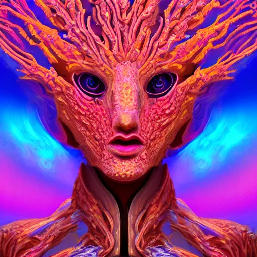 Image similar to Face of a Alien Deity, corals, plume made of fractals, extremly detailed digital painting, in the style of android jones, artwork of a futuristic artificial intelligence superstar, mystical colors, rim light, beautiful lighting, 8k, stunning scene, raytracing, octane, trending on artstation