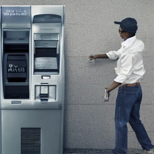 Image similar to man withdrawing a stack of fish from an atm, realistic