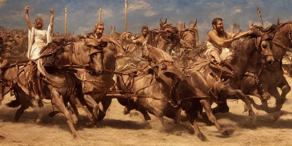 Image similar to a film still from the chariot race in'ben hur'in the style of jean - paul laurens, alexander cabanel, hippolyte flandrin, oil on canvas, 4 k resolution