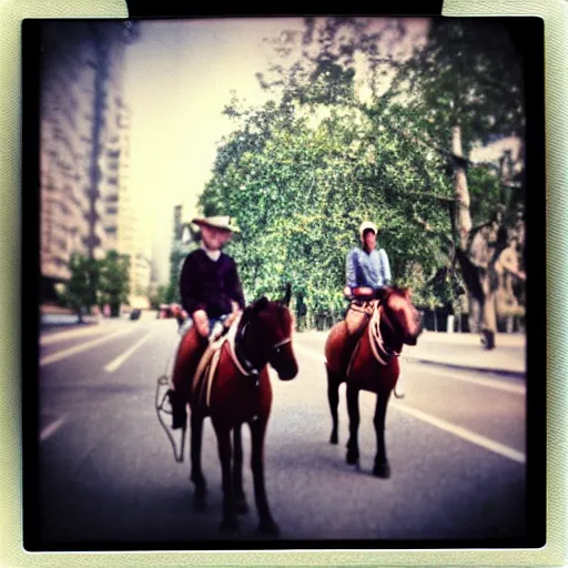 Image similar to Western, people on horses with wheels instead of legs, polaroid, bokeh