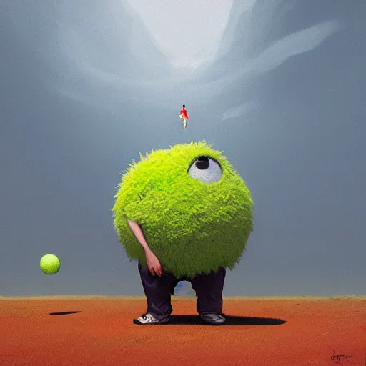 Image similar to highly detailed vfx portrait of a character of a tennis ball monster stephen bliss, chalk, unrealengine, greg rutkowski, loish, rhads, beeple, chalk, makoto shinkai and lois van baarle, ilya kuvshinov, rossdraws, tom bagshaw, basil gogos