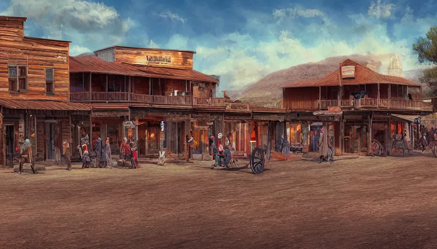 Image similar to an old west cowboy town, digital art, highly detailed, realistic, bright colors, 8 k