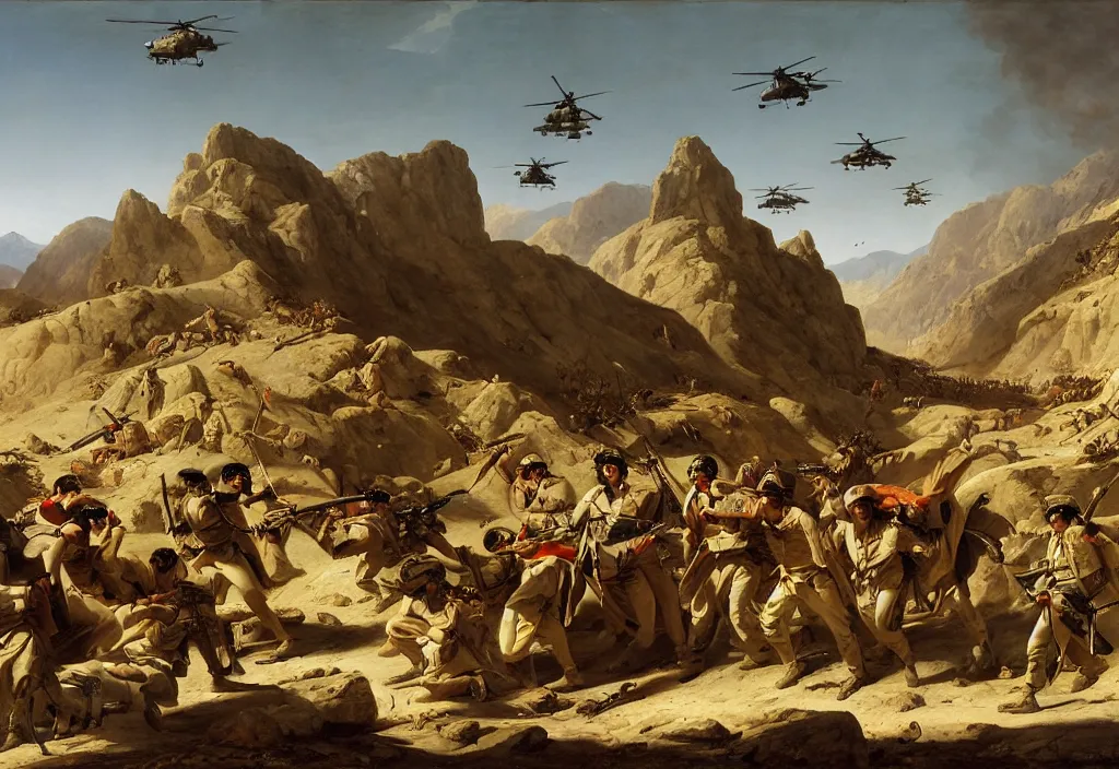 Image similar to afghanistan war by jacques - louis david, desert, us army, battlefield, helicopters firing, bombs