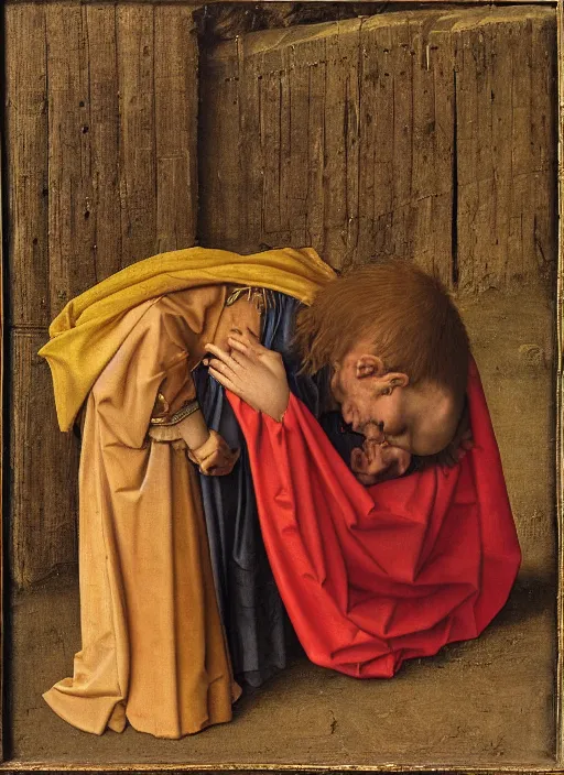 Image similar to Unconscious 10 years old boy dressed in some rags curled up into a ball, he clung to the side of the wagon, medieval painting by Jan van Eyck, Florence