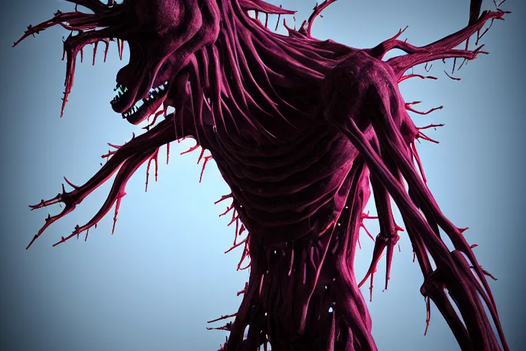 Prompt: lanky ink demon made out of a humanoid nervous system with large meaty spikes all over the body, cinematic, volumetric lighting, f 8 aperture, cinematic eastman 5 3 8 4 film, photorealistic