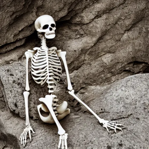 Image similar to a skeleton sitting on a rock, 30mm lens, high resolution 8k,