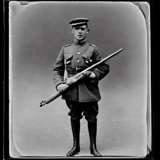 Image similar to a ww1 soldier holding a wooden toy rifle, black and white grainy photograph