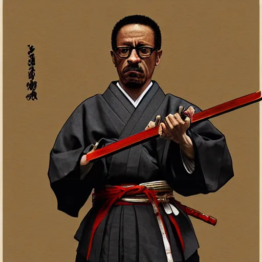 Image similar to gustavo fring from breaking bad wearing samurai armor and holding a katana in feudal japan, 4 k, hyper realistic, ink block painting, edo period