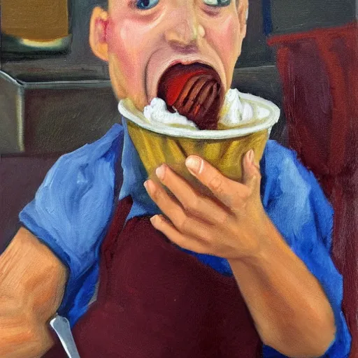 Prompt: oil painting of gigachad eating ice-cream