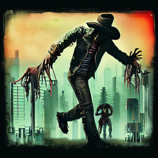 Image similar to album art of a cyberpunk undead cowboy