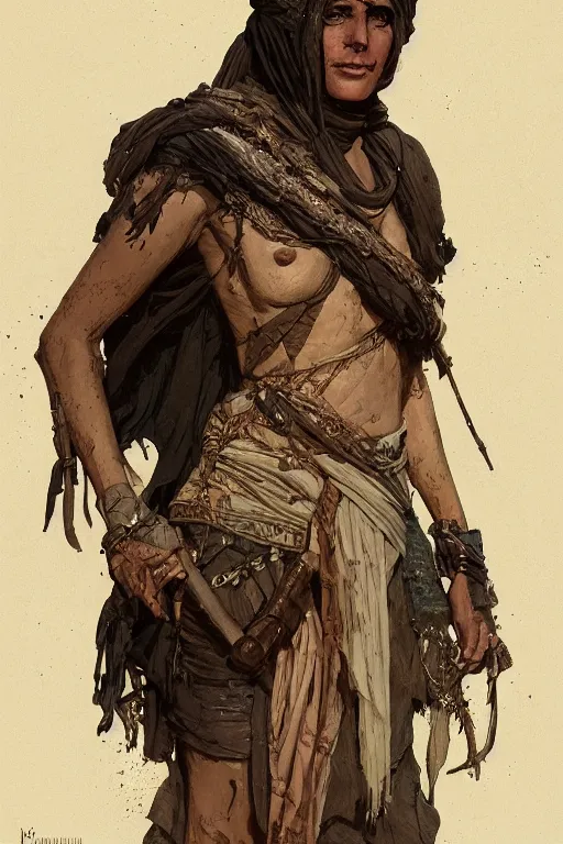 Prompt: a full body portrait of a beautiful post apocalyptic offworld desert bedouin blind barbarian leper by the road, intricate, elegant, highly detailed, digital painting, artstation, concept art, smooth, sharp focus, illustration, art by krenz cushart and artem demura and alphonse mucha