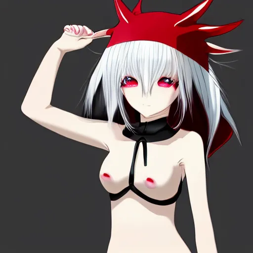 Prompt: white hair, red eyes, two small horn on the head, anime style, anime girl