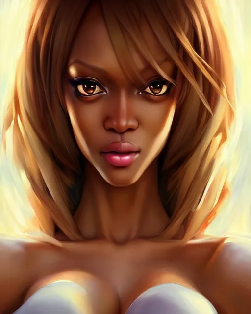 Image similar to portrait of Tyra Banks as Anime girl cute-fine-face, full body! pretty face, realistic shaded Perfect face, fine details. Anime. realistic shaded lighting by Ilya Kuvshinov Giuseppe Dangelico Pino and Michael Garmash and Rob Rey