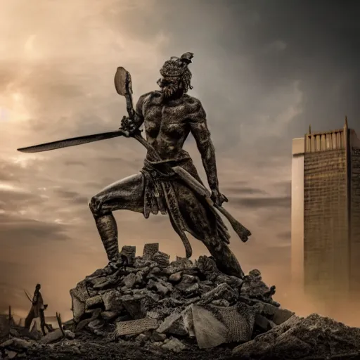 Image similar to statue of a warrior amongst the post apocalyptic city, hd photo