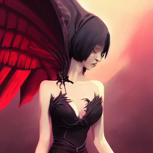 Prompt: demonic pixie character with black satanic wings, elegant, highly detailed, digital painting, artstation, concept art, sharp focus, illustration, strong brush stroke, anime, sharp focus, ghibli studio, art by ilya kuvshinov, rossdraws