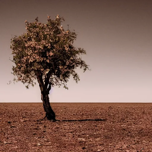 Prompt: A lone flourishing tree in the middle of a desolate dessert