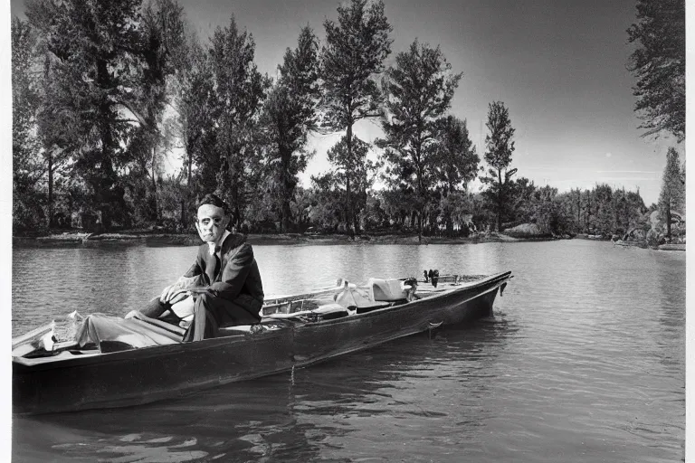 Prompt: surreal art, portrait of twilight zone host rod serling on a boat, on a river, with tangerine colored trees and marmalade colored skies