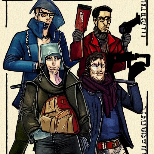 Image similar to four characters, a grifter, a hacker, a thief, and a mastermind in the style of a d & d cover